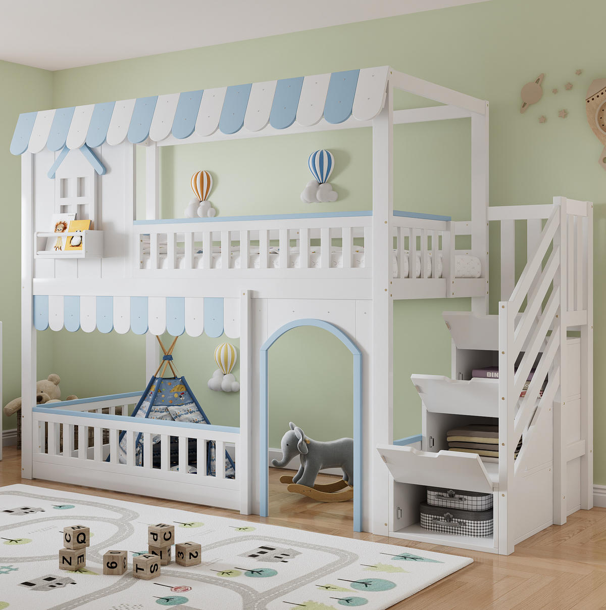 ETAGENBETT mit Treppenaufbewahrungs-Schrank, Weiß+Blau, 90/200 cm - Weiß, Holz (90/200cm) - MIVRAY
