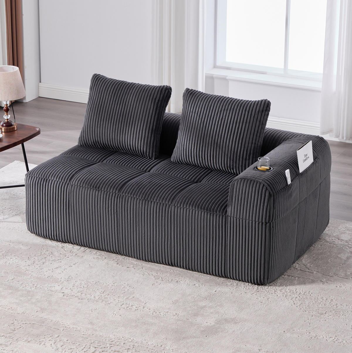 2-SITZER Sofa Cordstoff mit Seitenfächern und Becherhaltern 158/93/61 cm Dunkelgrau - Dunkelgrau, Textil (93/61/158cm) - Redom