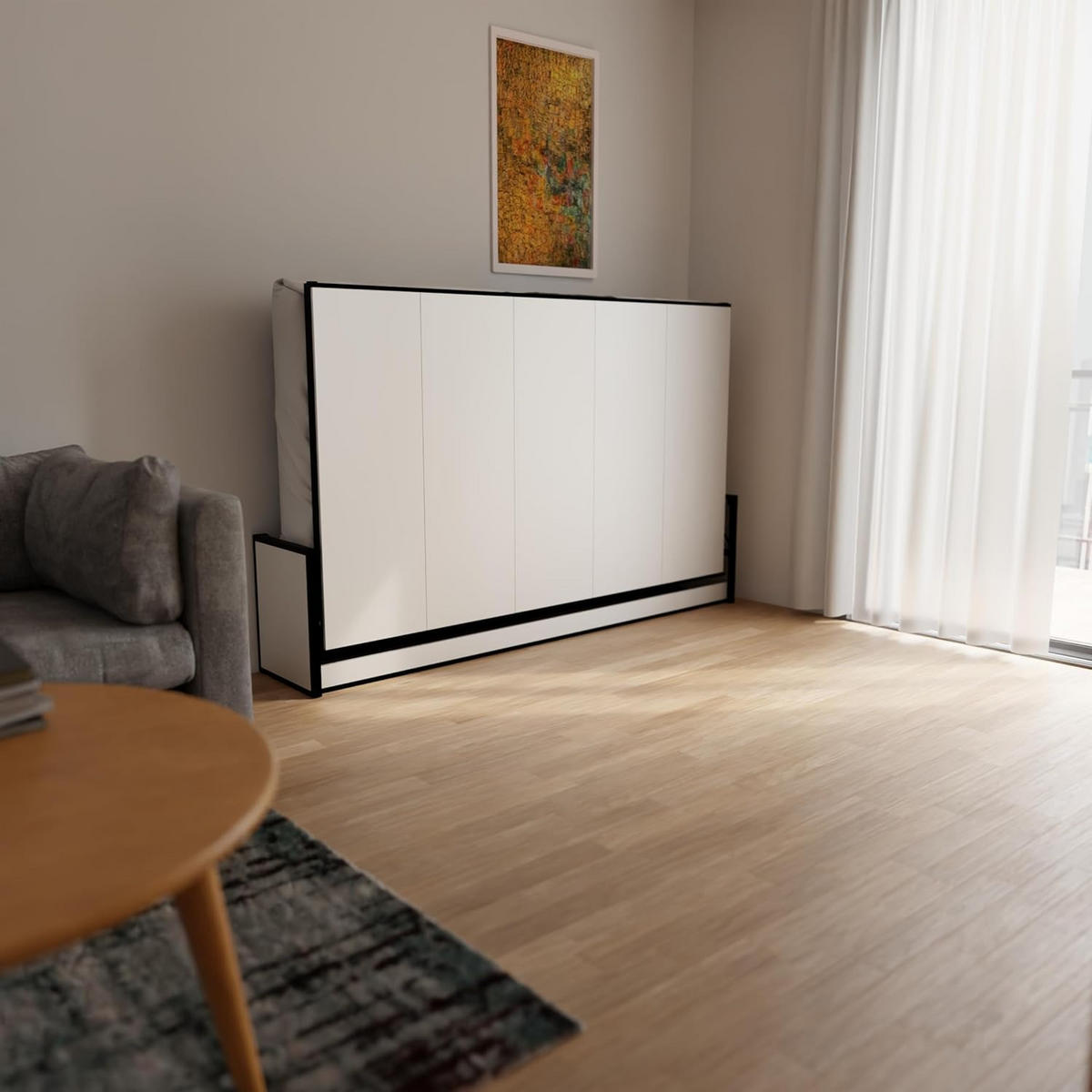 SCHRANKBETT Murphy Studio 200x140 Horizontal, mit Gasdruckfeder-Mechanismus - Brombeere/Schwarz, Holzwerkstoff/Metall (200/140cm) - WallBedKing