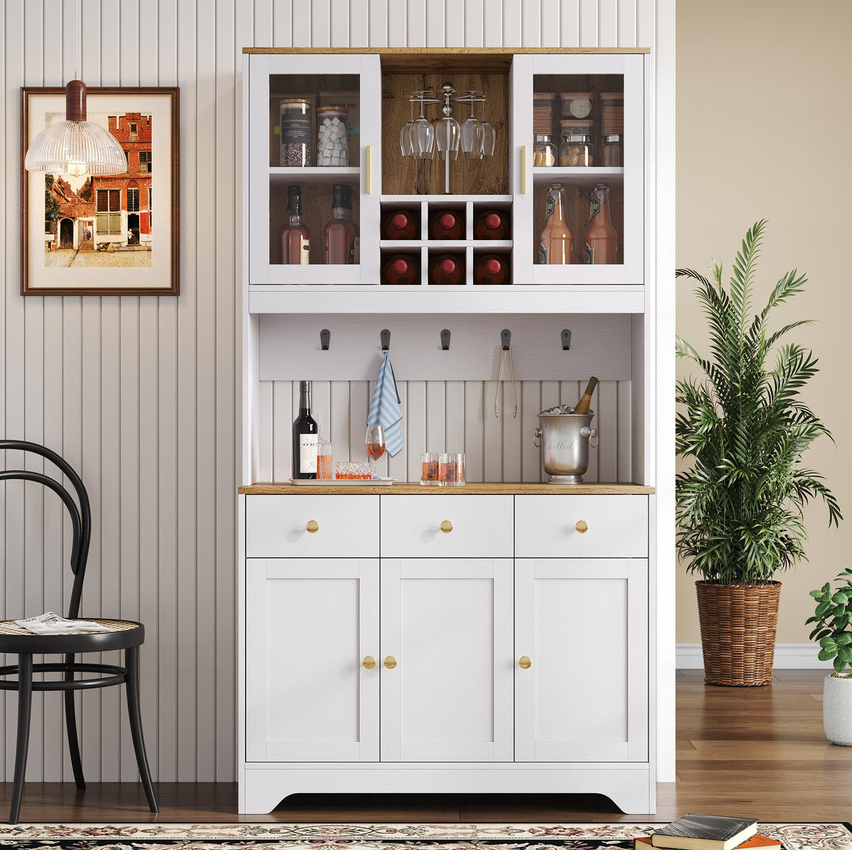 HIGHBOARD 94,5/30/175,5 cm in Weiß mit 5 Türen, 3 Schubladen und Vitrinenfächern - Weiß, Holzwerkstoff (94.5/175.5/30cm) - Flora Grace