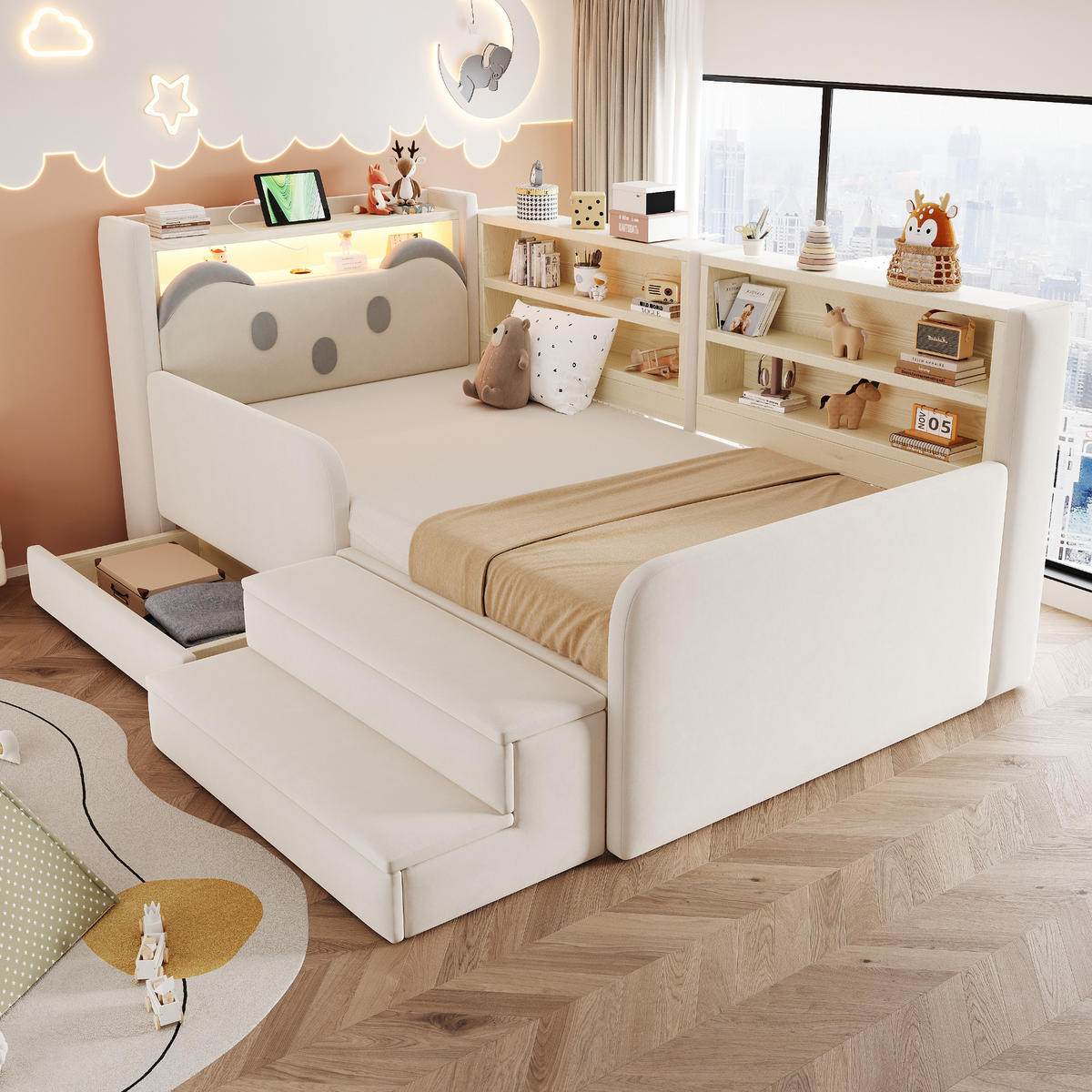POLSTERBETT 90*200 cm mit LED, USB und Schublade, Beige - Beige, Textil (90/200cm) - FLIEKS