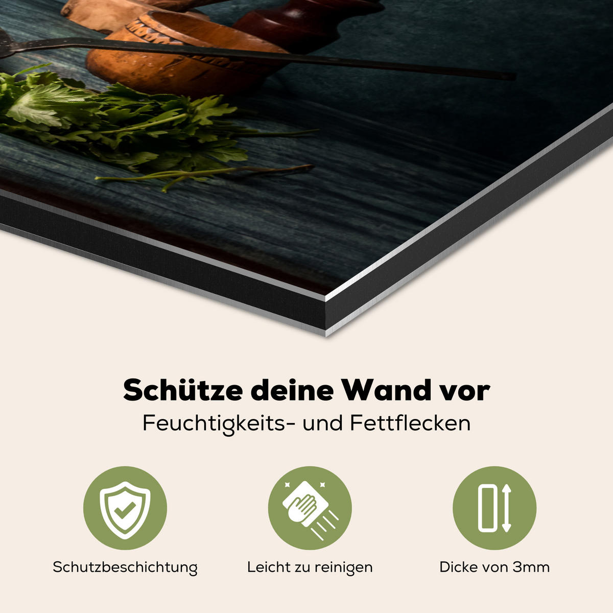 SPRITZSCHUTZ KÜCHE Kräuter - Gewürze - Pfanne - Messer - Grau - Rustikal 60x40 cm - Petrol, Metall (60/0.3/40cm) - MuchoWow