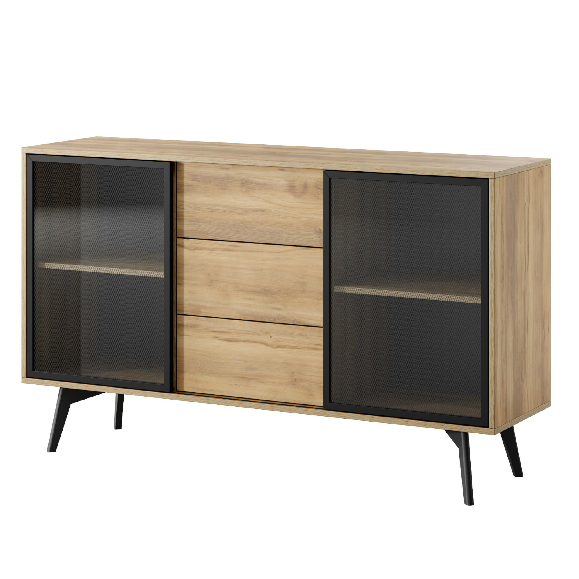 SIDEBOARD ESTEVAN KOM1 Schiebetüren aus Glas Eiche Gold Eiche Gold - Eichefarben/Honig, Holz/Holzwerkstoff (144/85/39cm) - Komodee
