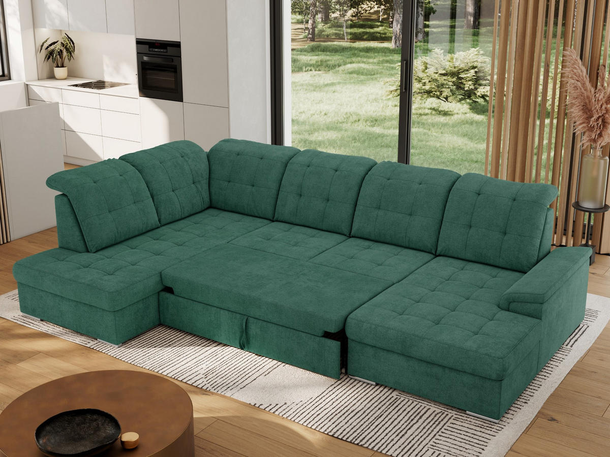 WOHNLANDSCHAFT MADRITO U - Grün Struktur - Links - Silberfarben/Grün, Textil/Metall (204/89/323cm) - MKS