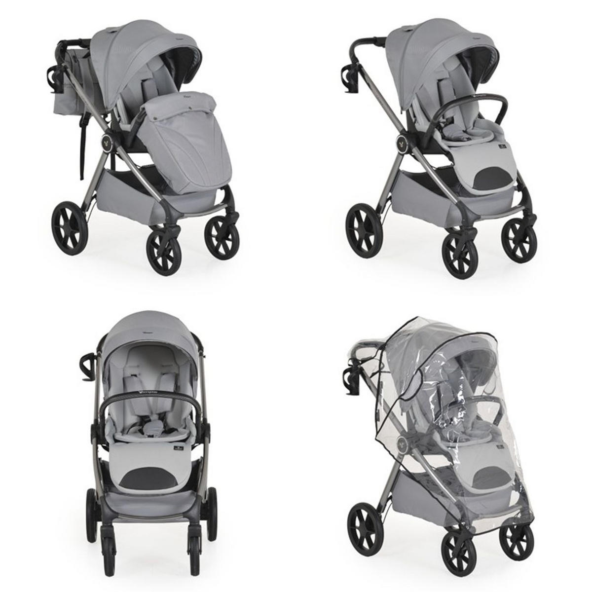 KOMBIKINDERWAGEN Unique 3 in 1 grau Babyschale Stoßdämpfer PU-Räder Tasche - Grau, Metall (75/59/104cm) - Cangaroo