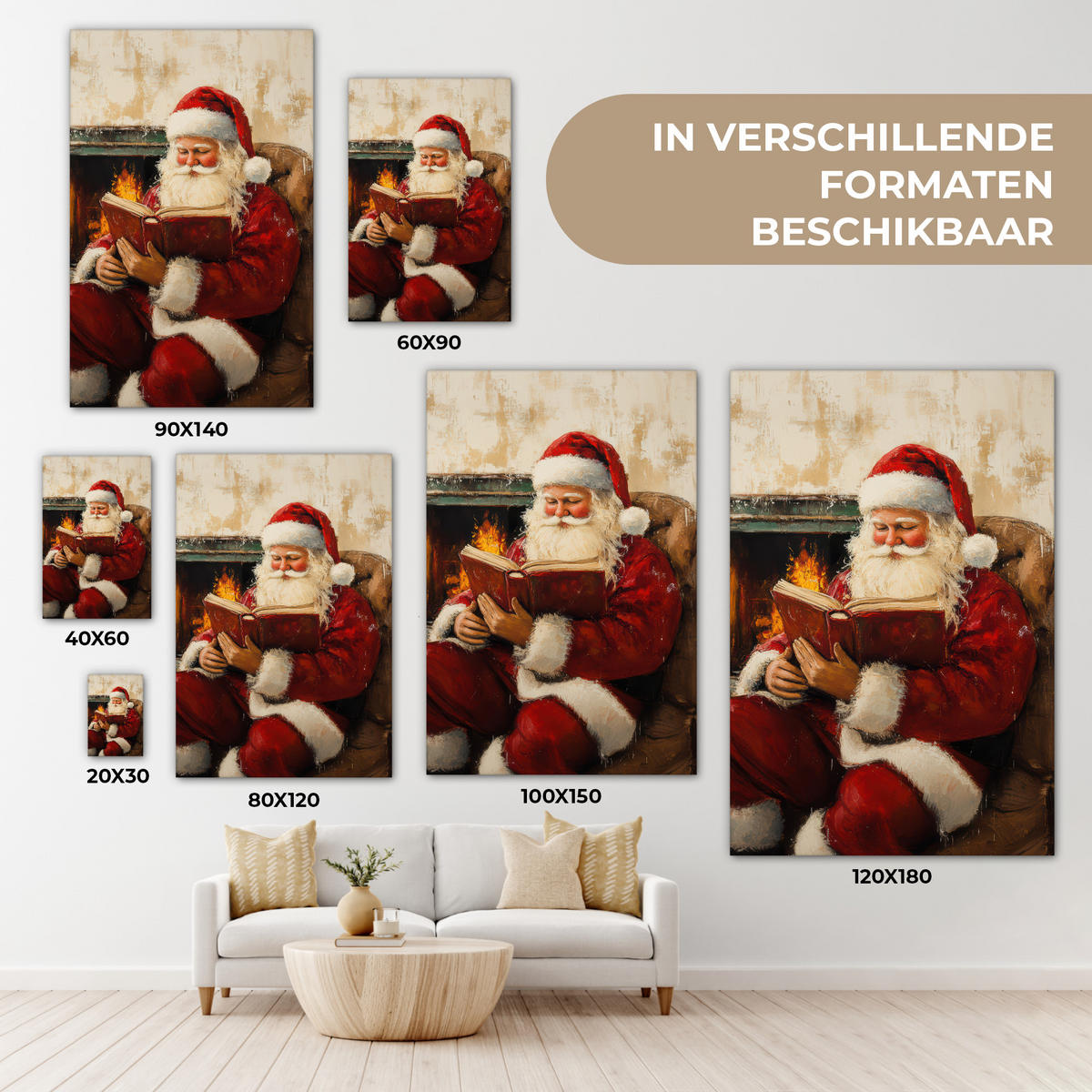 LEINWANDBILD Weihnachten - Weihnachtsmann - Winter - Open Fireside 60x90 cm - Dunkelrot, Textil (60/90cm) - MuchoWow