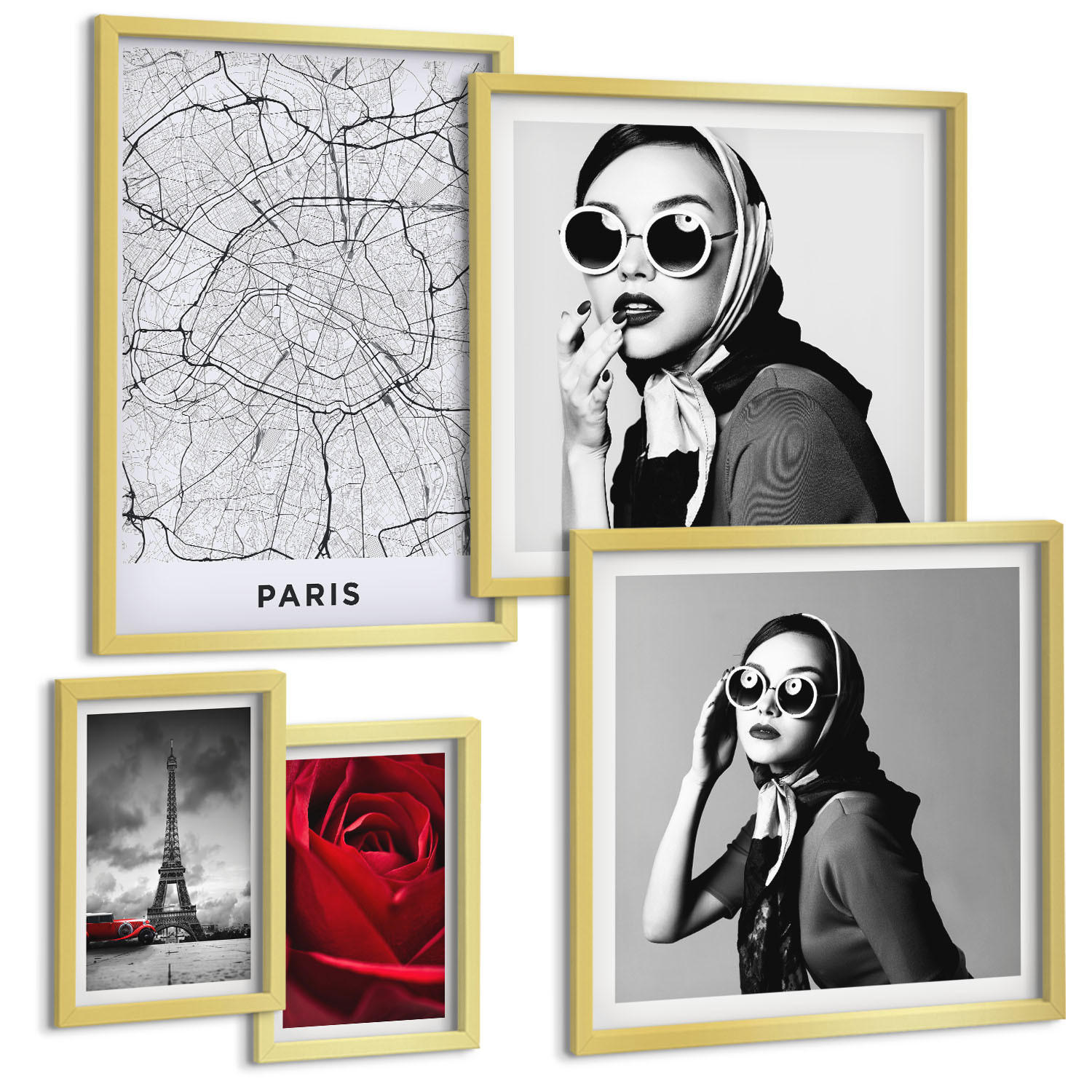 BILDER SET 5er Set - 50x50 cm & 20x30 cm & 40x60 cm Goldrahmen - Pariserin mit Eiffelturmbrille - Goldfarben, Kunststoff (40/60cm) - TULUP