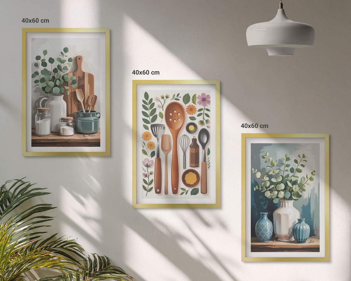 BILDER SET 3er Set - 40x60 cm Goldrahmen - Küchenaccessoires auf pflanzlicher Basis - Goldfarben, Kunststoff (40/60cm) - TULUP