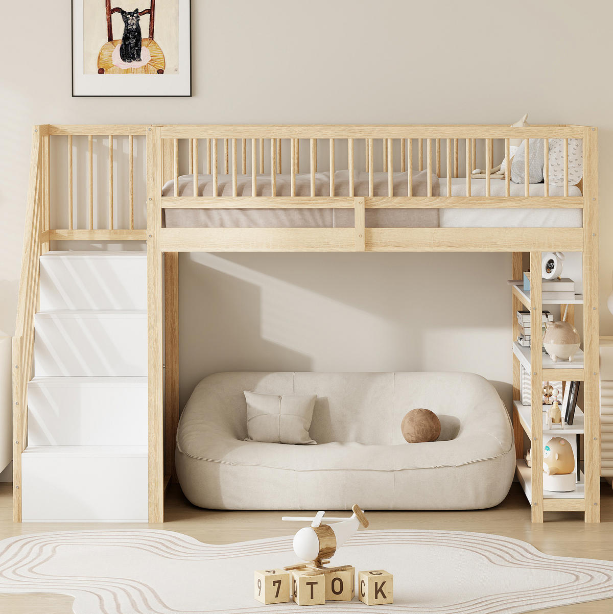HOCHBETT 90/200 cm mit Kleiderschrank, Regalen und Sicherheitsleiter, farbe - Naturfarben, Holzwerkstoff (90/200cm) - Redom