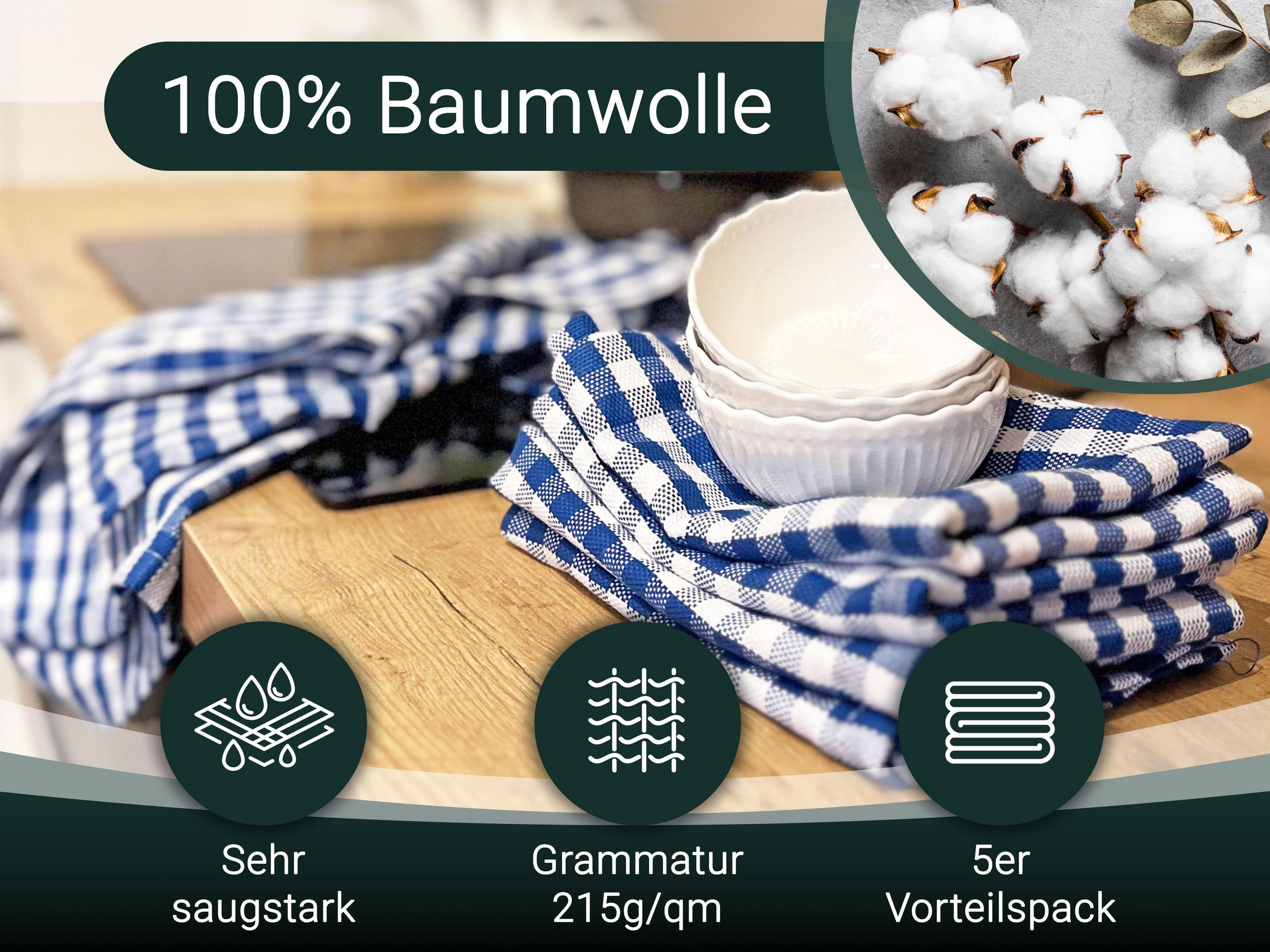GESCHIRRTÜCHER, 5er-Set, 50x70 cm, 100% Baumwolle, Blau - Blau, Textil (50/70cm) - Zollner