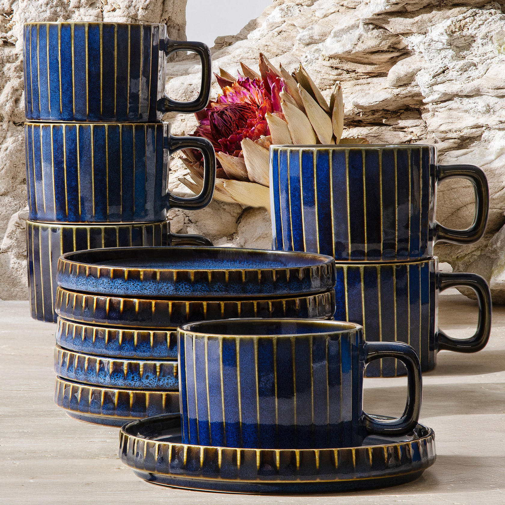 KAFFEESERVICE AD STRIPES 6 PERSONEN, 12-tlg - Dunkelblau, Keramik (14/6/14cm) - KONSIMO®
