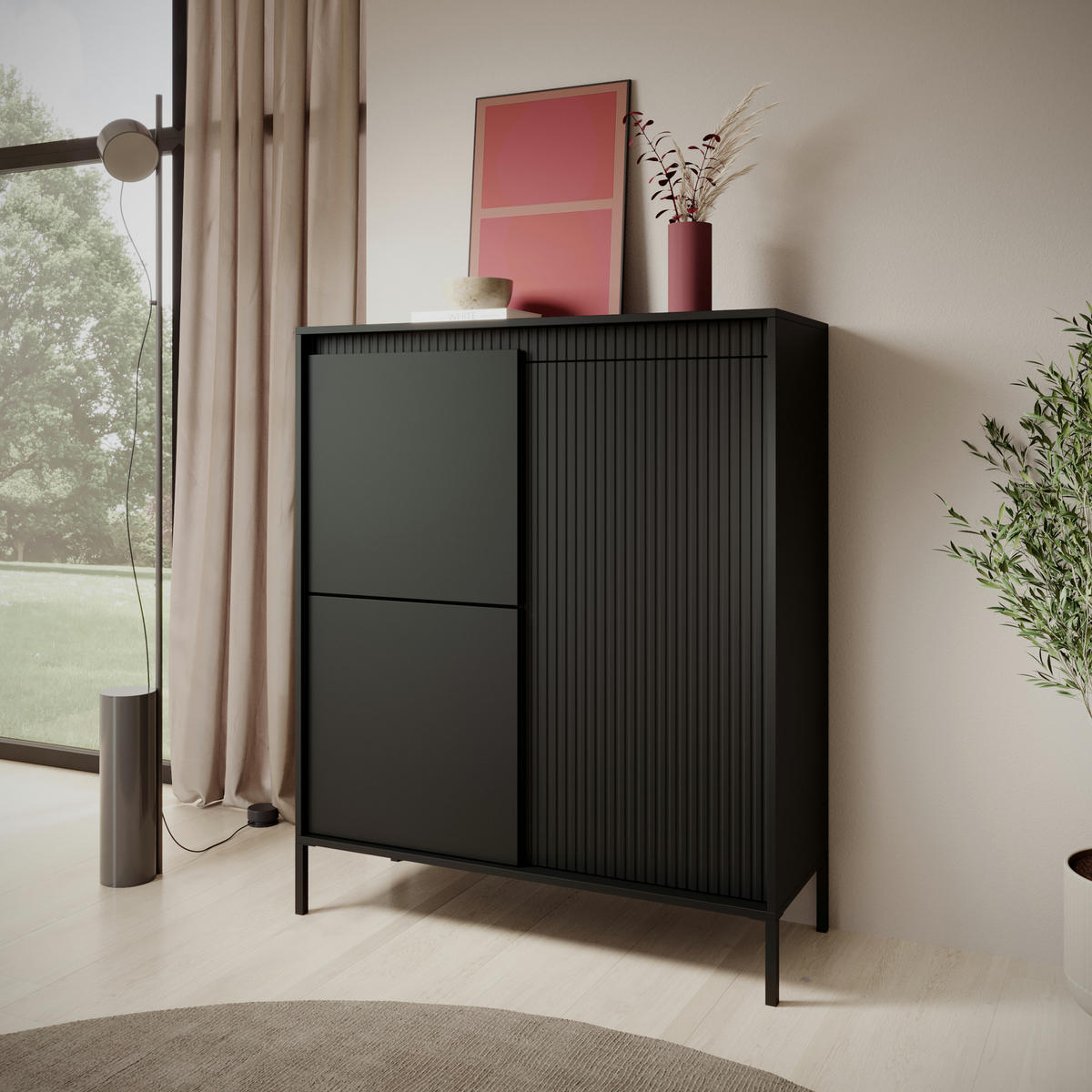 HIGHBOARD SELBU KOM1 Schwarz - Schwarz, Glas/Holzwerkstoff (104/124/40cm) - Komodee