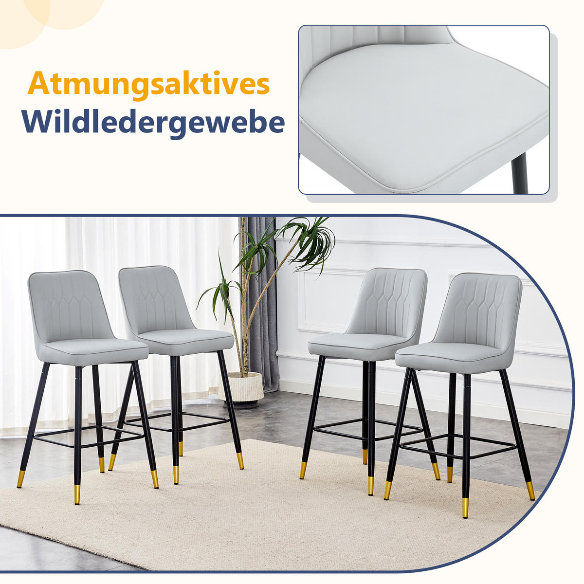BARHOCKER 2er-Set Hellgrau mit PU-Leder und Fußraste - Hellgrau, Metall (42/100/45cm) - PANGIVO