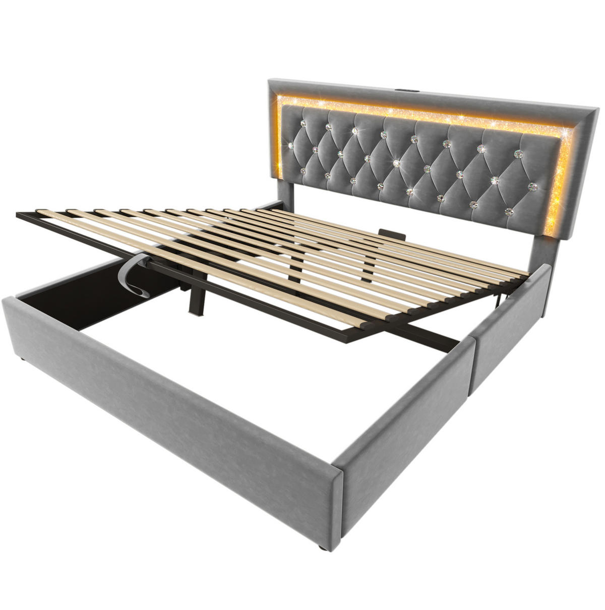 POLSTERBETT aus Samt 160x200 cm in Grau mit LED & USB-Type-C-Ladestation - Grau, Textil (160/200cm) - Modfu