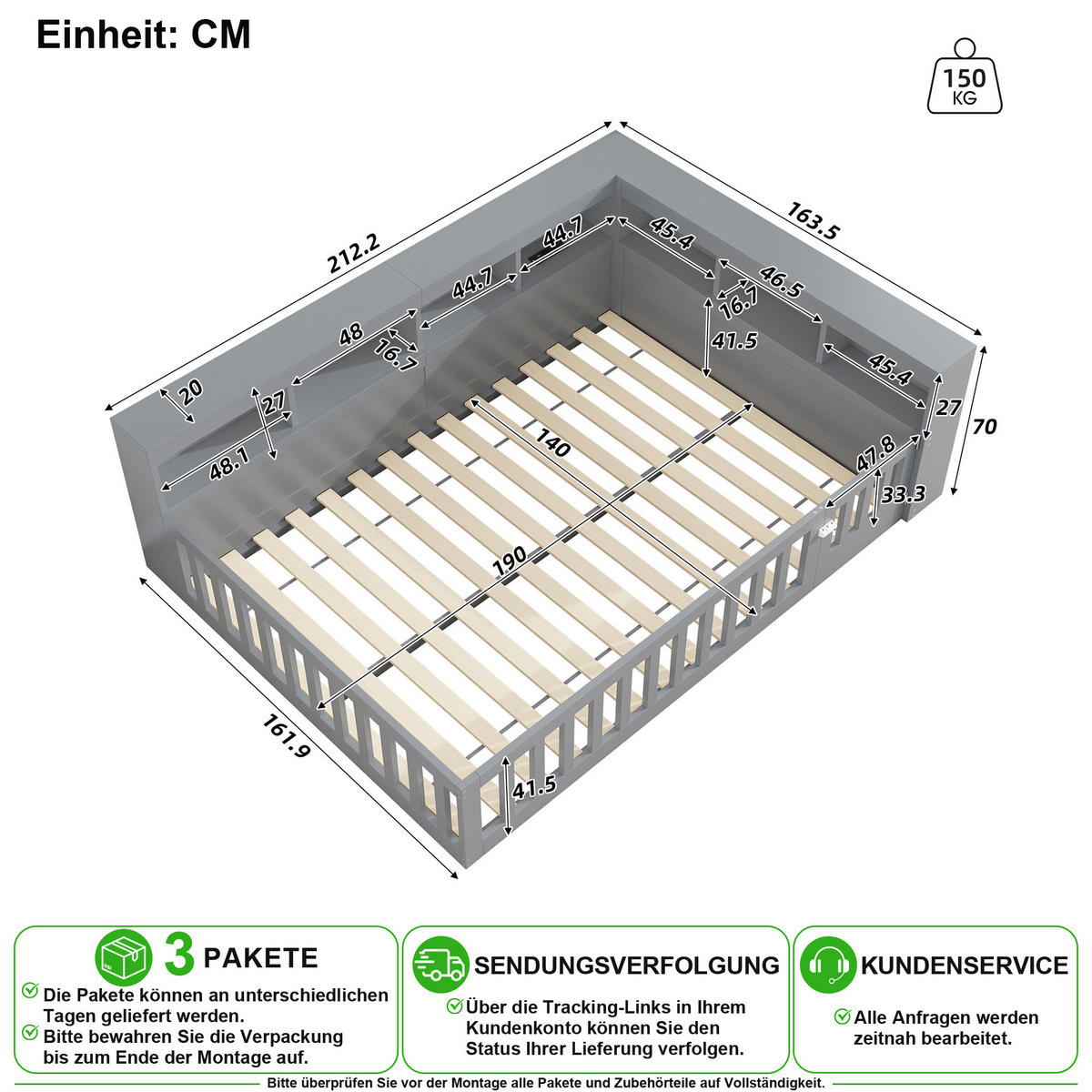 BETT 140/190 cm in Grau mit Regal, USB und Steckdose - Grau, Holz/Holzwerkstoff (140/190cm) - CHICFURN