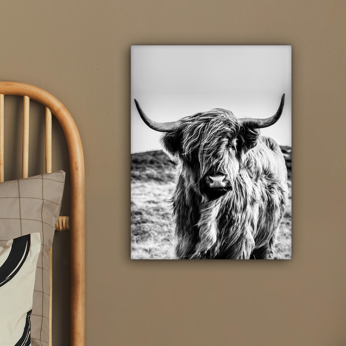 LEINWANDBILD Kuh - Schottischer Hochländer - Schwarz - Weiß - Tier - Natur - Wildtiere 30x40 cm - Schwarz, Textil (30/40cm) - MuchoWow