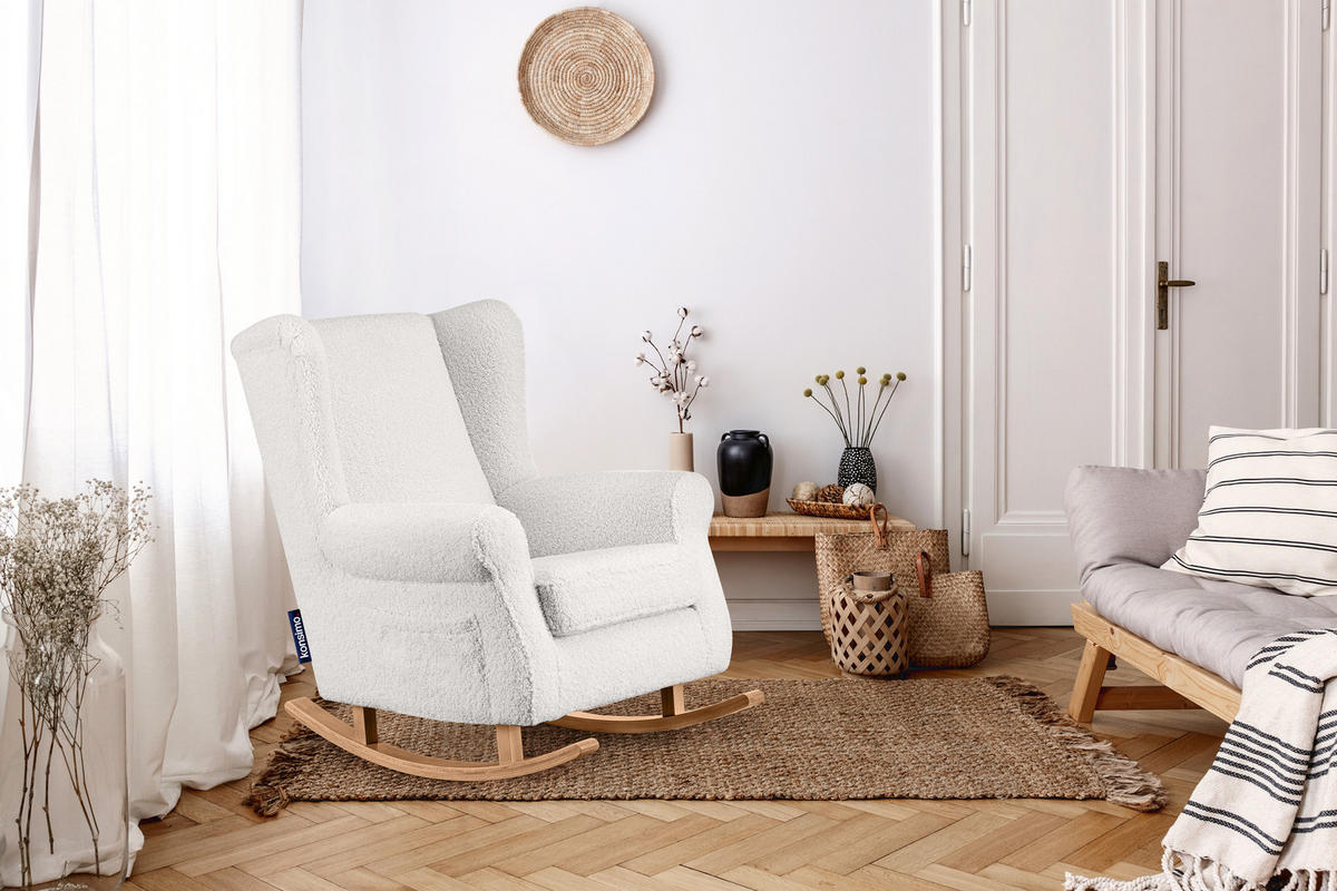 SCHAUKELSESSEL TULES mit Tasche für kleine Gegenstände, Weiß - Eichefarben/Weiß, Eichenholz/Holzwerkstoff (80/105/105cm) - KONSIMO®