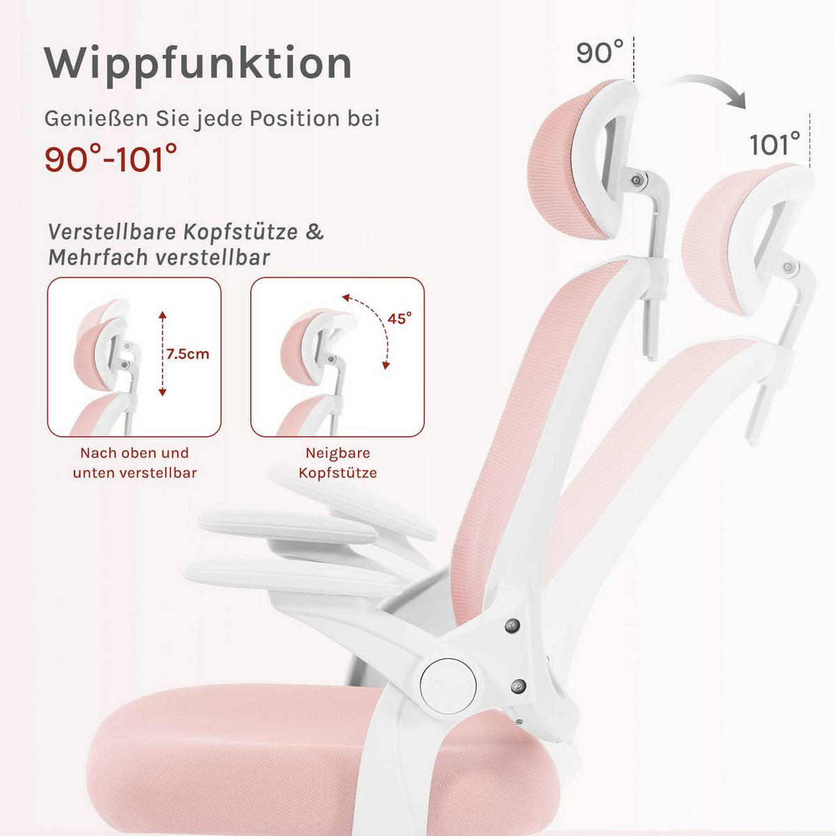 DREHSTUHL mit Wippfunktion, Netzstoff, Rosa - Rosa, Kunststoff/Textil (63.5/109.5/50cm) - Woltu