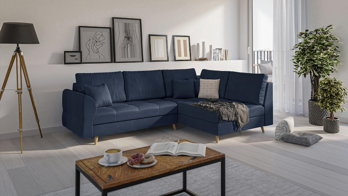 ECKSOFA MIT HOCKER Lorine Mikrofaser Dunkelblau - Hellbraun/Dunkelblau, Buchenholz/Textil (231/161cm) - S-Style Möbel