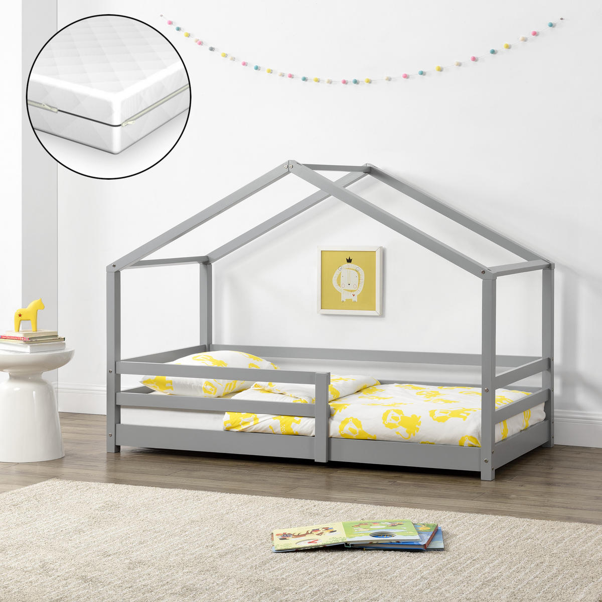 HAUSBETT Knätten mit Matratze - Hellgrau, Holz/Textil (70/140cm) - [en.casa]