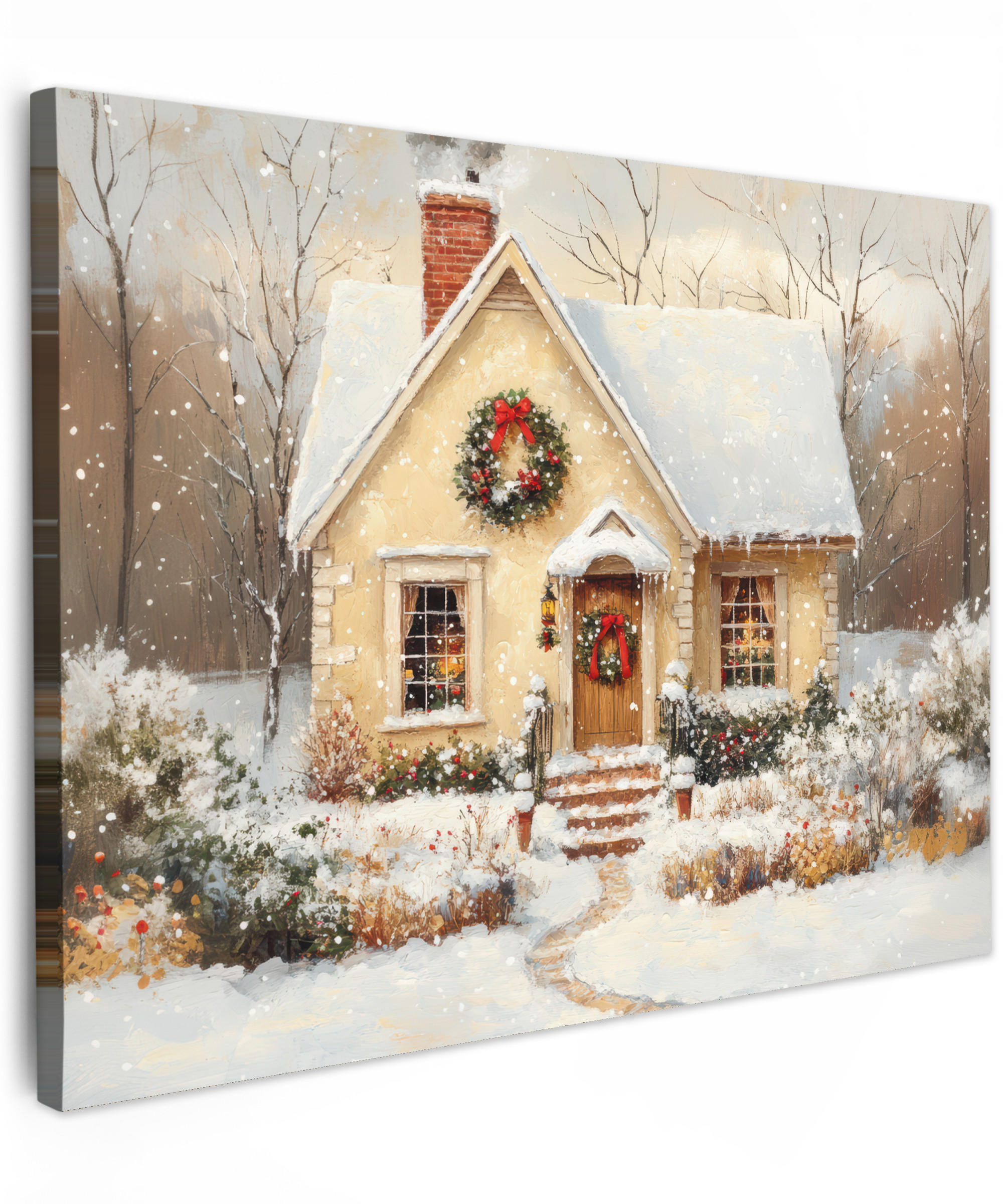 LEINWANDBILD Weihnachten - Zuhause - Winter - Schnee 40x30 cm - Creme, Textil (40/30cm) - MuchoWow