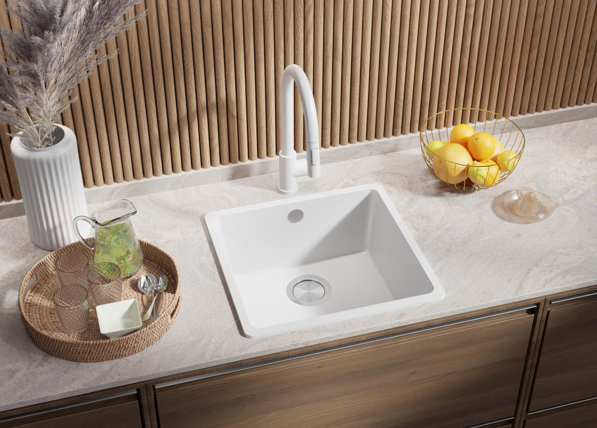 SPÜLBECKEN Venedig Slim Easy, 2-er set Alles Weiß 46/44 cm 1 Becken + Ablauf-Set ab 50er Unterschrank - Weiß, Kunststoff (46/20/44cm) - Primagran