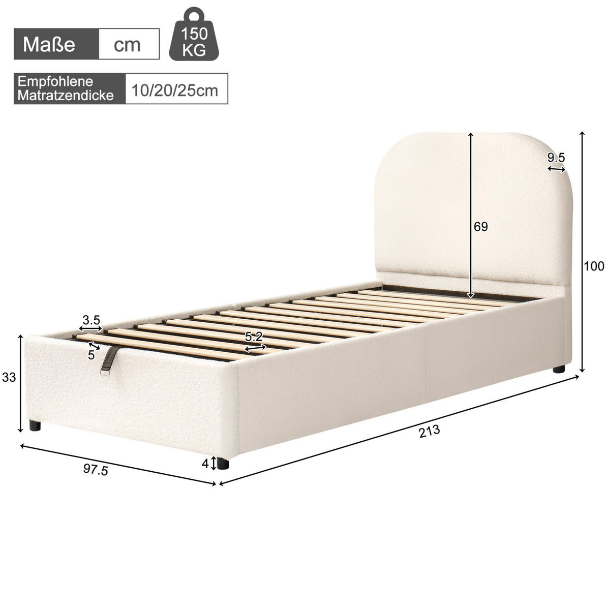 POLSTERBETT 90/200 cm Beige aus Bouclé mit Stauraum und Lattenrost - Beige, Holzwerkstoff (90/200cm) - OKWISH