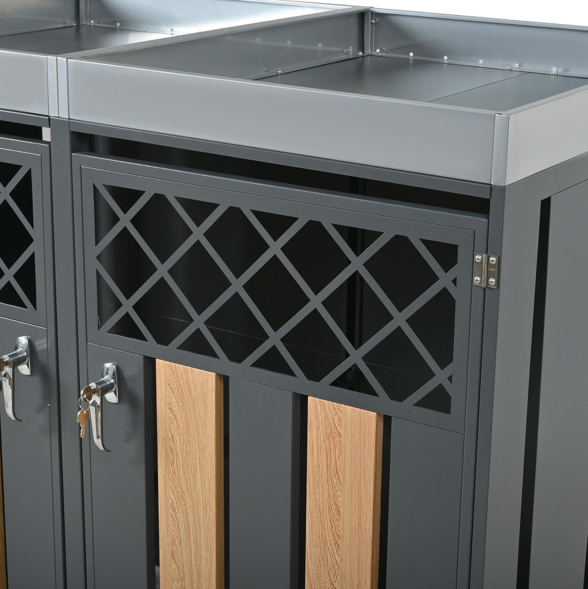 MÜLLTONNENBOX aus Stahl in Grau/Holzoptik mit Pflanzgefäß & Schloss - Grau, Metall (132/124.5/80cm) - Modfu