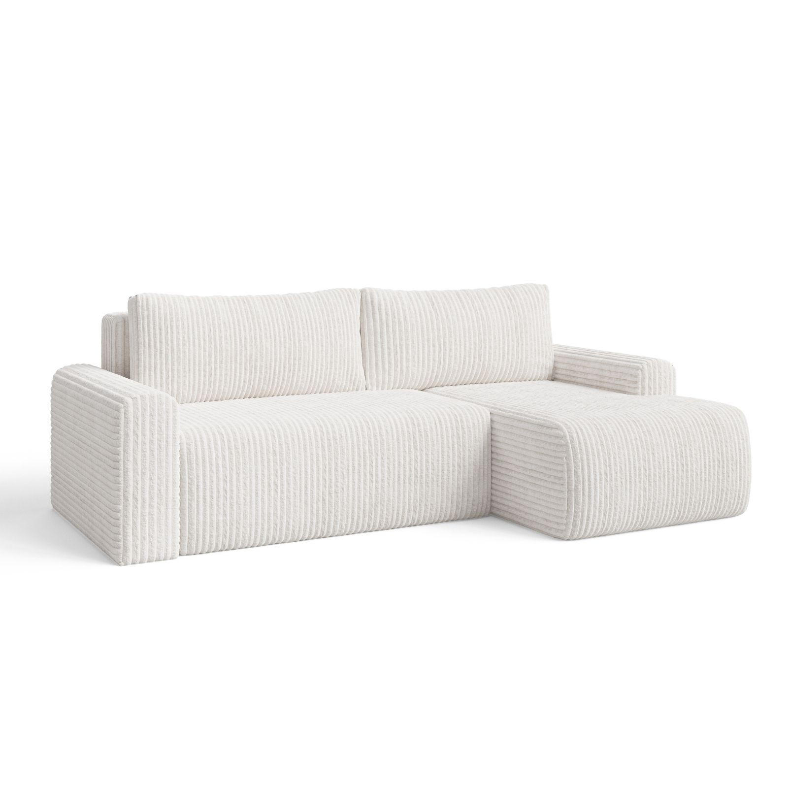 ECKSOFA MILO LARGE mit Schlaffunktion, Bettkasten und Cordbezug, Rechts -TILIA 01 (cremeweiß) - Creme, Holz (270/142cm) - Dekori_Interiors
