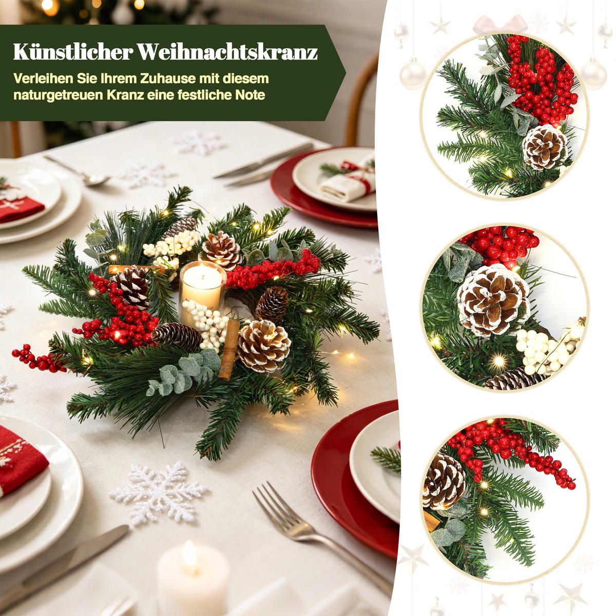 WEIHNACHTSKRANZ mit LED Beleuchtung & Timer - Dunkelgrün, Naturmaterialien (40cm) - Hometopia