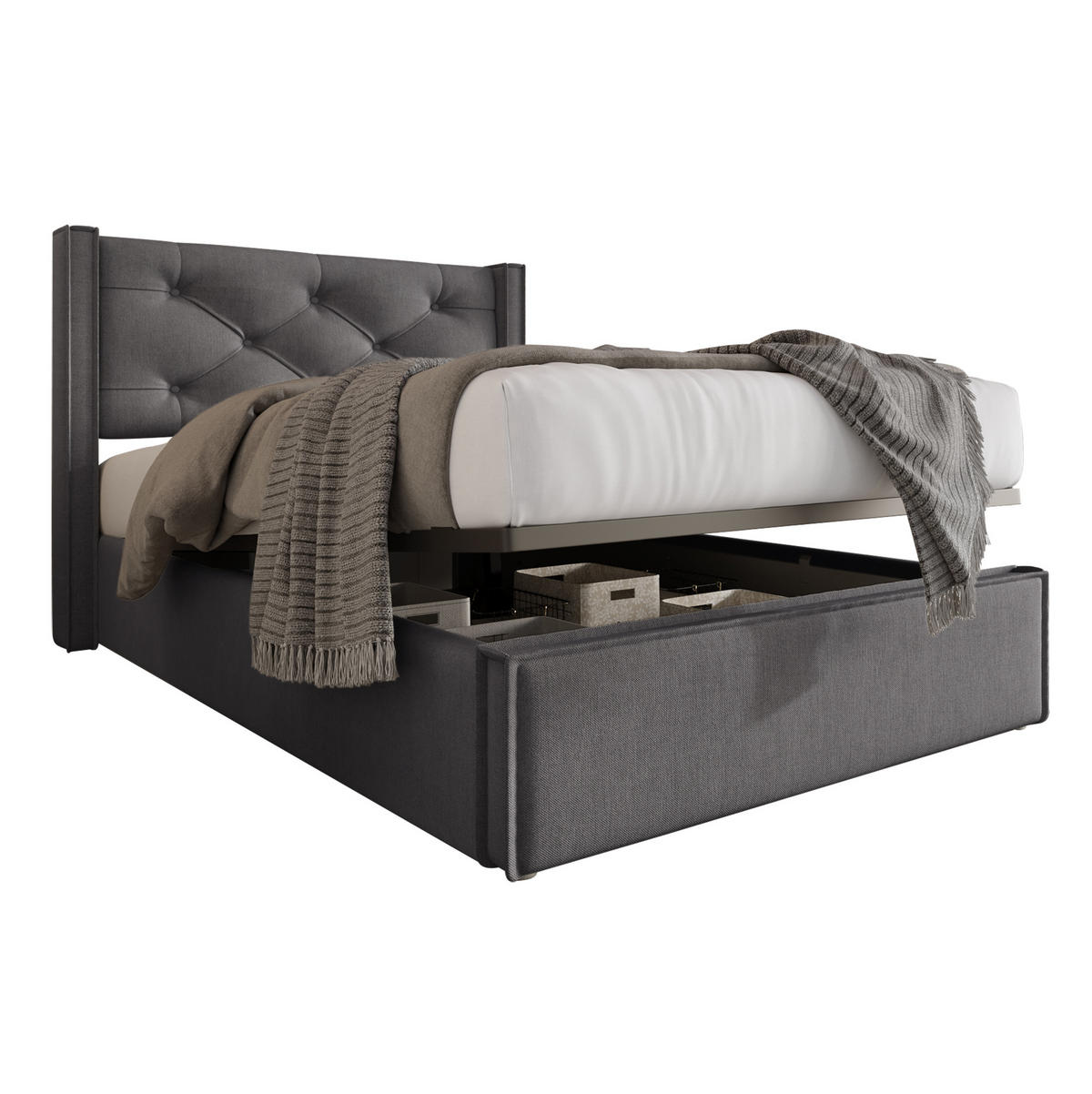 POLSTERBETT mit Bettkasten 90/200 cm in Grau mit gepolstertem Kopfteil - Grau, Textil (90/200cm) - BEAOK