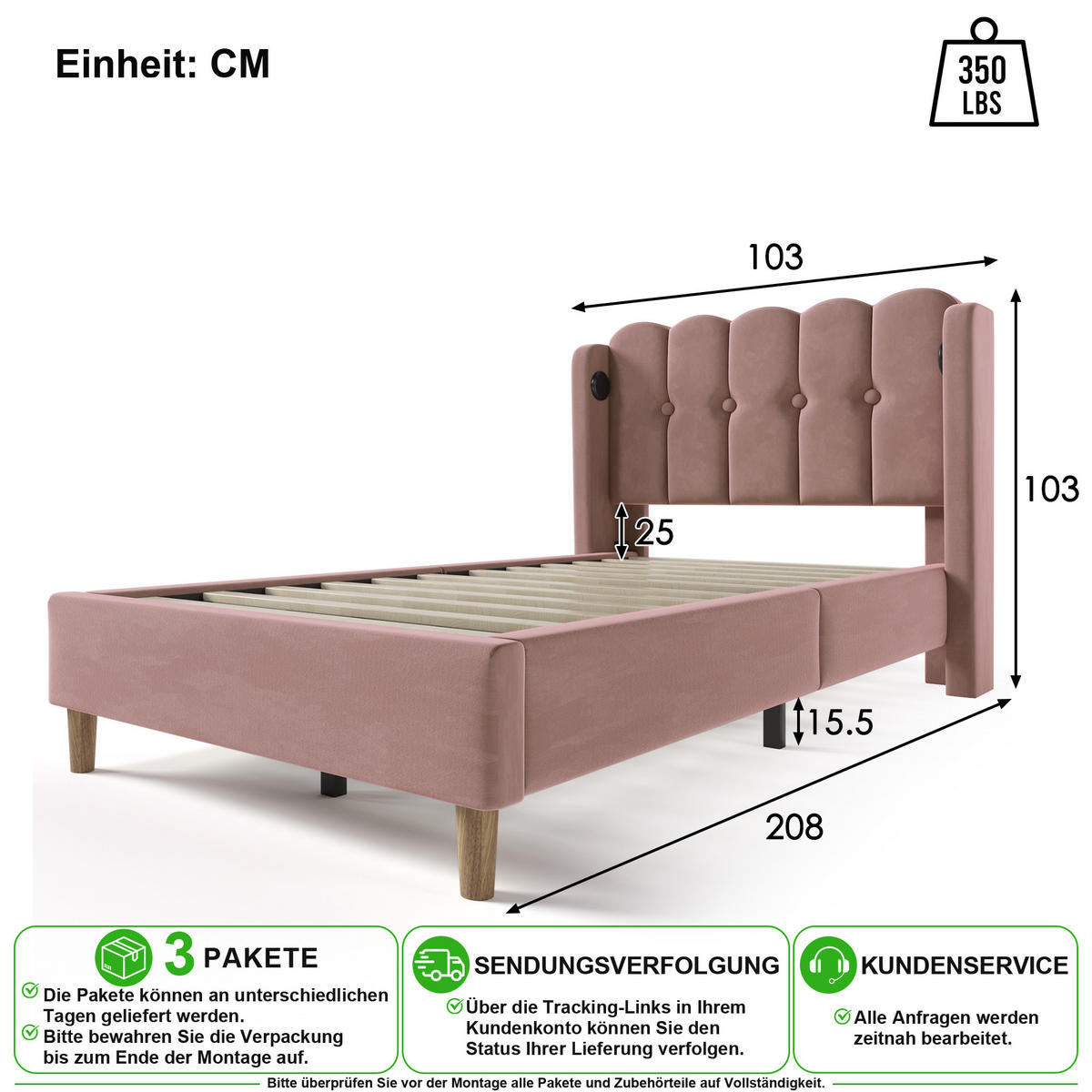 POLSTERBETT 90/200 cm in Rosa Samt mit USB, Type-C und Matratze - Rosa, Holzwerkstoff/Textil (90/200cm) - CHICFURN