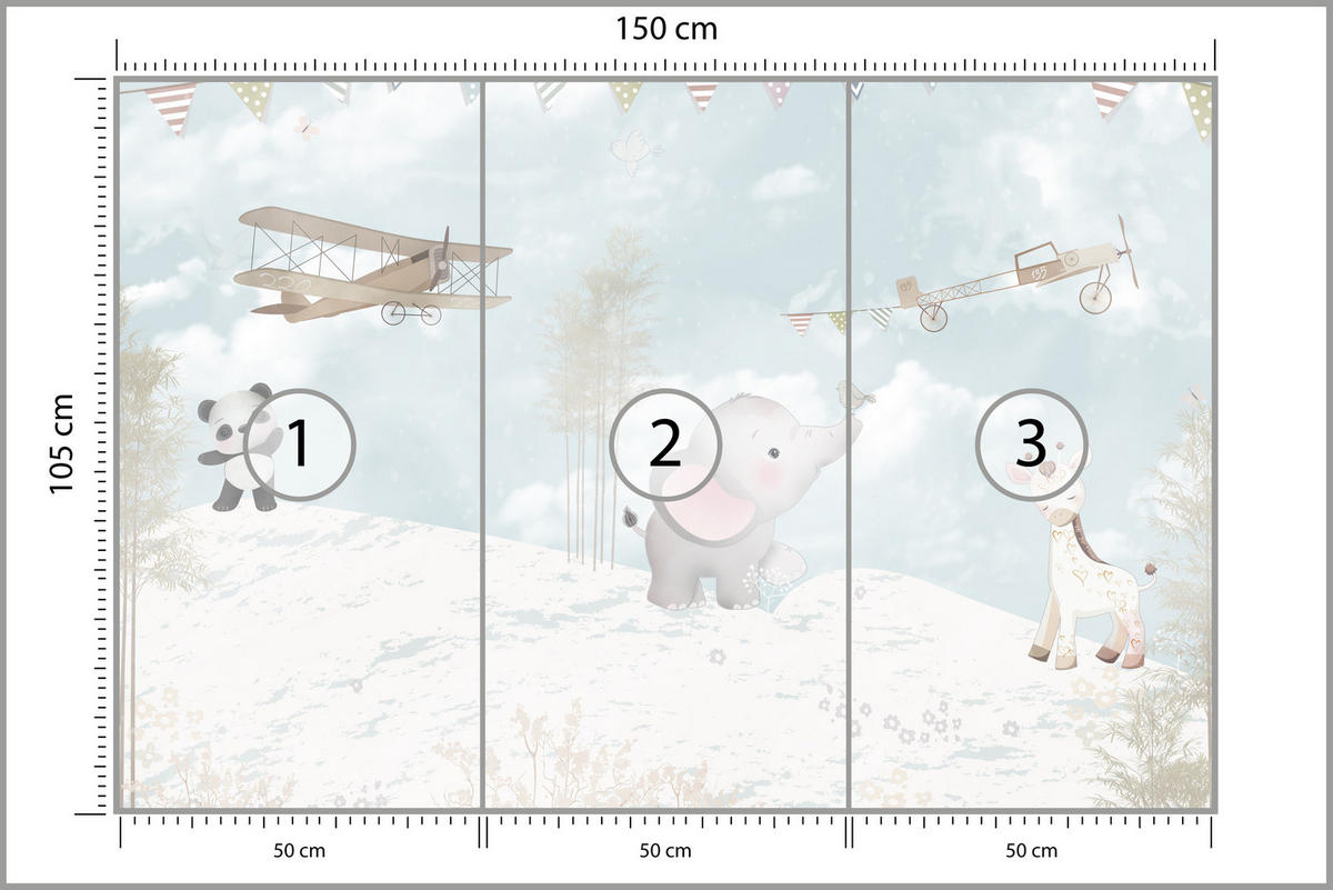 FOTOTAPETE für Kinderzimmer Boho Elefant Panda Giraffe Pflanze Flugzeug 150x105 - Multicolor, Papier (150/105cm) - Muralo