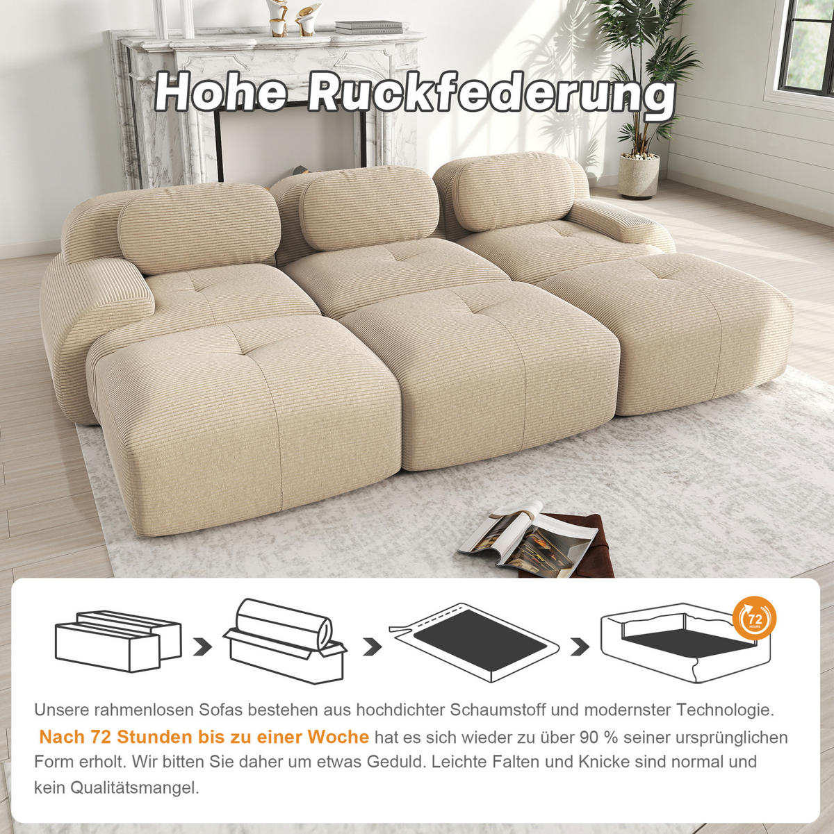 MODULARES Ecksofa aus Cordstoff in Beige 298x178x70 cm mit 32D-Schaumstoff und rutschfester Unterseite - Beige, Textil (178/298cm) - IVMEU