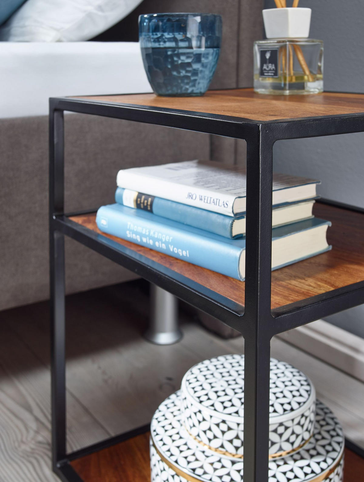 NACHTTISCH – Massivholz, 40x50x35 cm, 3 Ablagen, Industrial-Stil - Schwarz/Braun, Holz/Metall (40/50/35cm) - KADIMA DESIGN