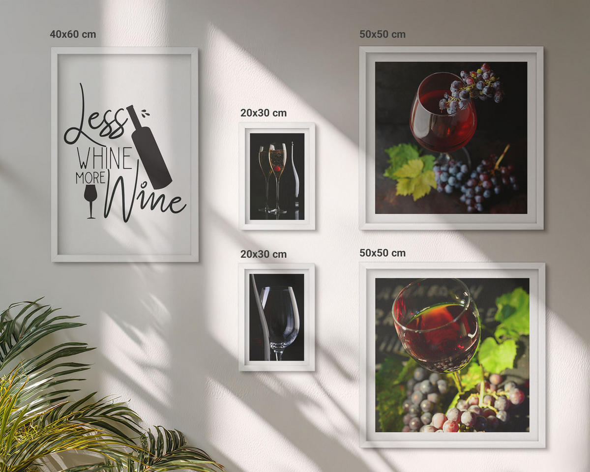 WANDBILDER 5er-Set - 50x50 cm & 20x30 cm & 40x60 cm Weißer Rahmen - Weingläser mit Trauben und Inschrift - Weiß, Kunststoff (40/60cm) - ArtPrintCave