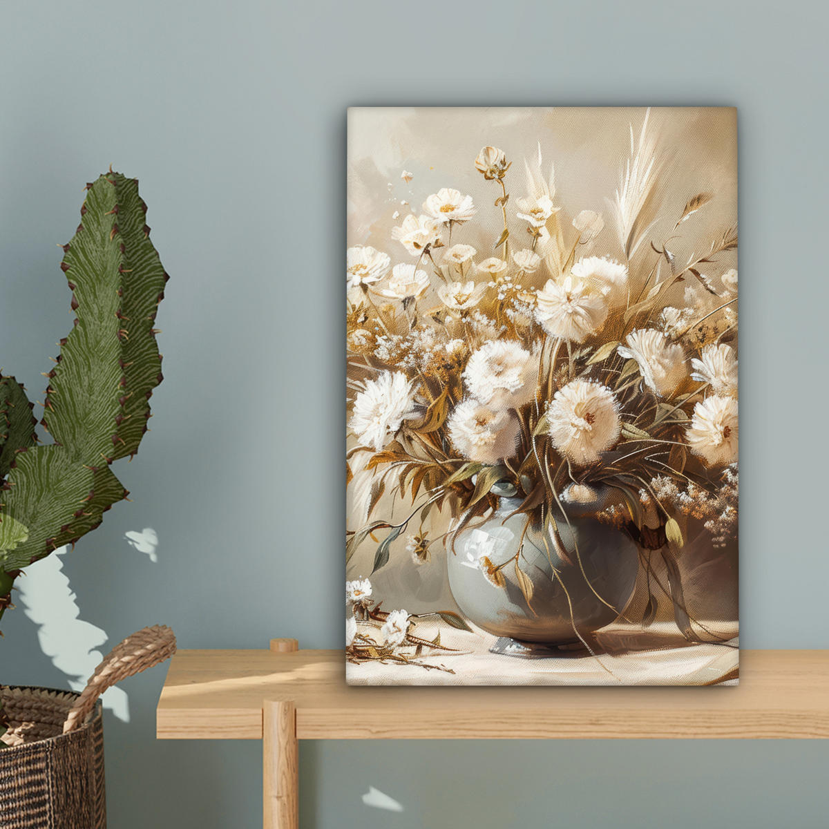 LEINWANDBILD Blumen - Vase - Stilleben - Beige 20x30 cm - Creme, Textil (20/30cm) - MuchoWow