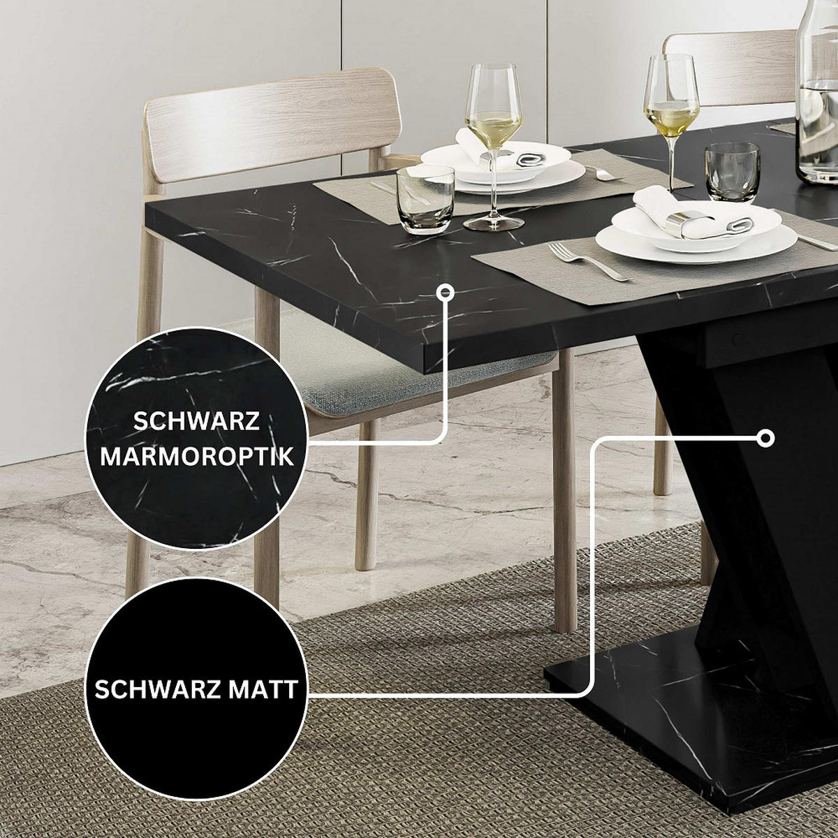 ESSTISCH Royal Schwarz Marmoptik Ausziehbar 120 - 160 cm - Schwarz, Holzwerkstoff (120/80/75cm) - PROSPERO