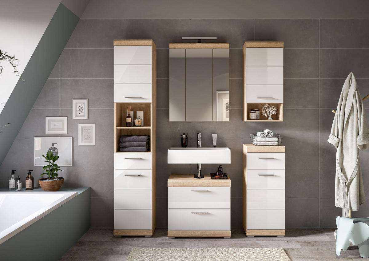 BADKOMBINATION 5tlg. Lambada Bad in Sonoma Eiche hell und weiß hochglanz B/H/T: 164x191x34 cm - Sonoma Eiche, Holz (164/191/37cm)