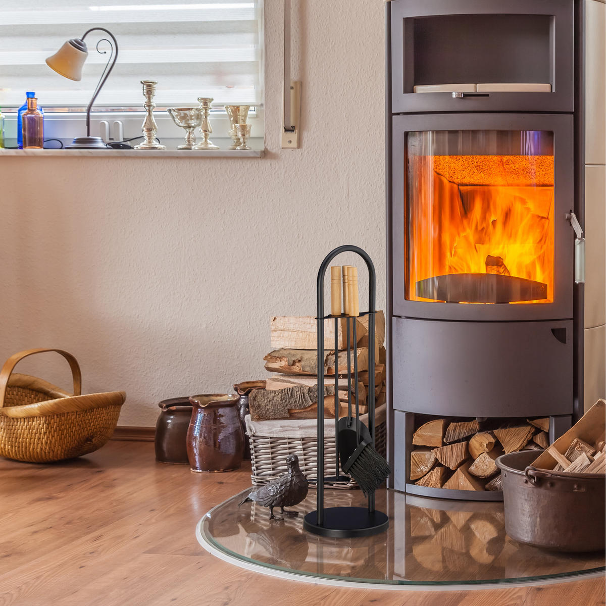 KAMINBESTECK 4tlg. - Schwarz, Holz/Metall (20/68.5/20cm) - Relaxdays