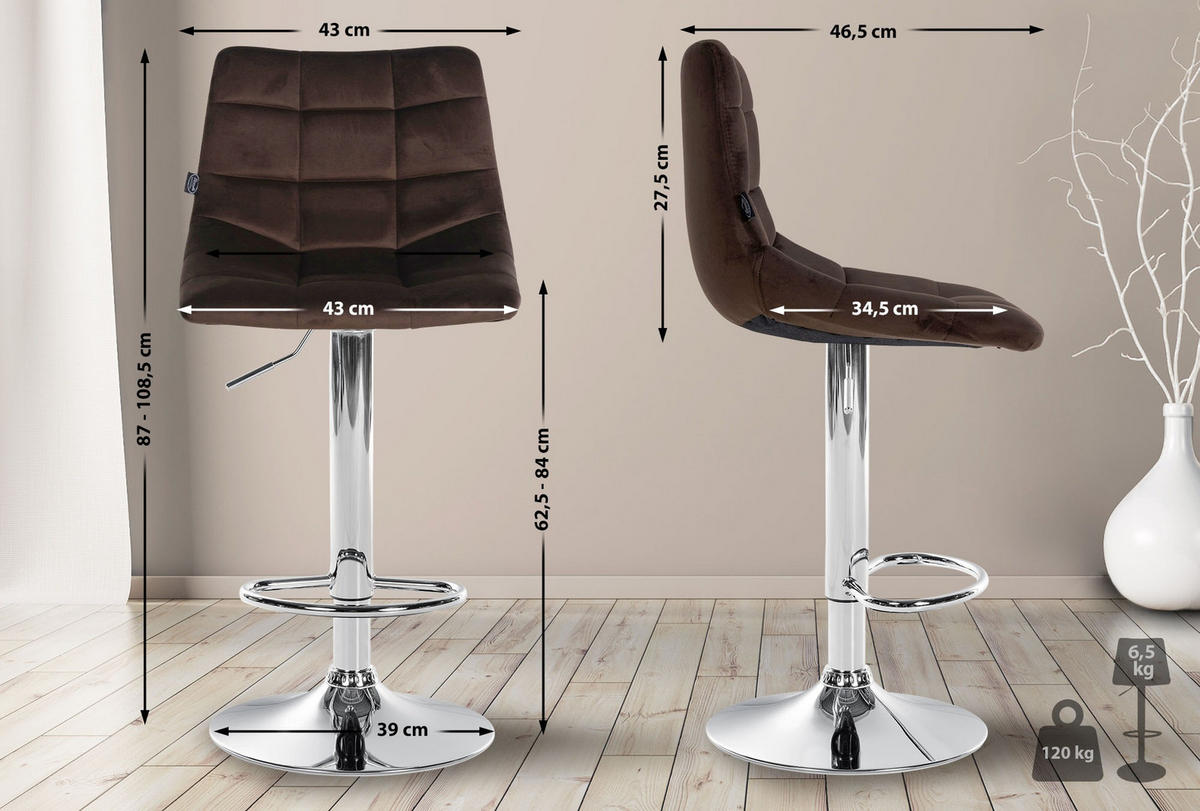 BARHOCKER 2er Set Samt braun - Chromfarben/Braun, Textil/Metall (43/87/46.5cm) - CLP