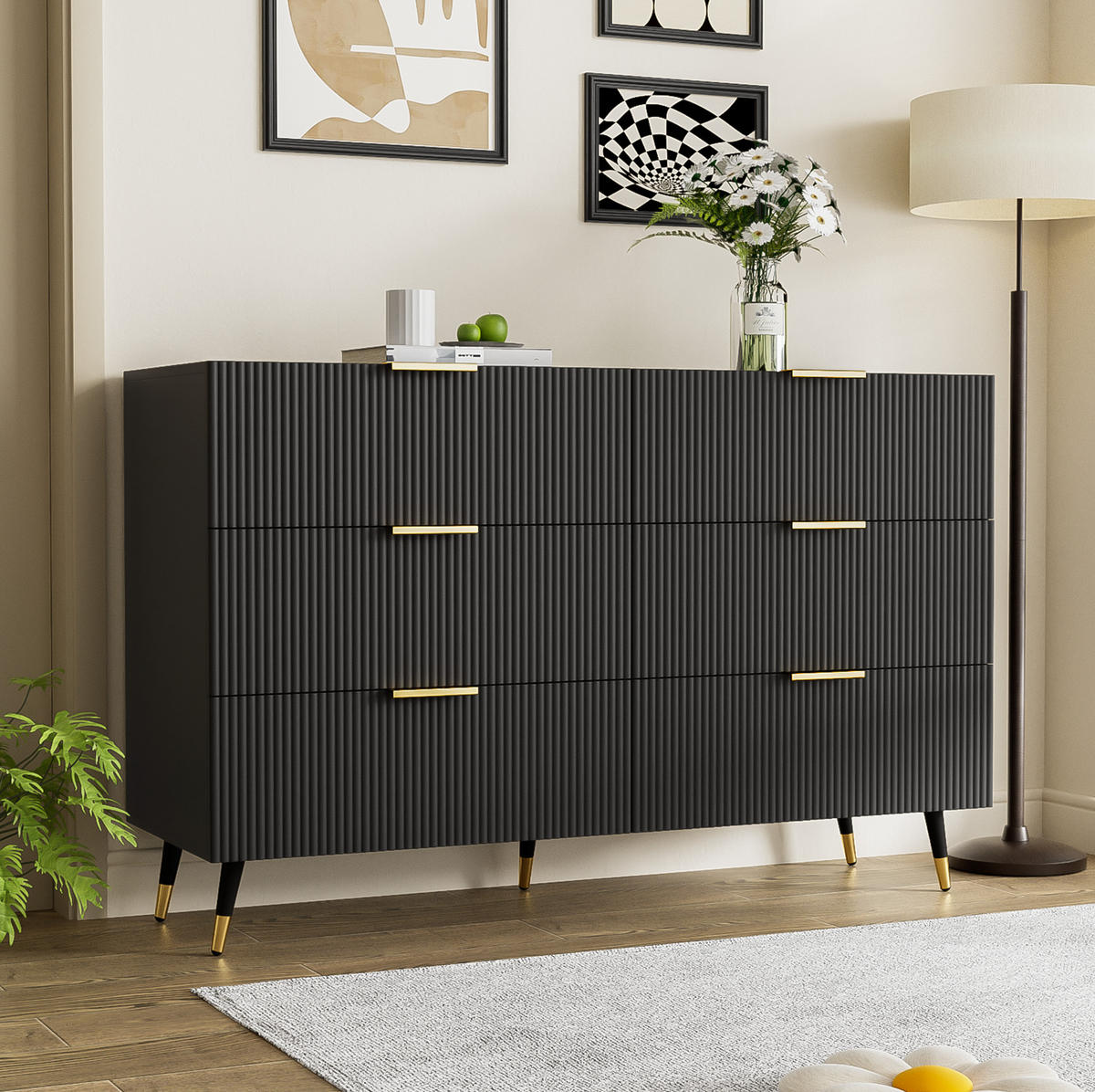 SIDEBOARD 120/40/77 cm in Schwarz mit 6 Schubladen und goldfarbenen Details - Schwarz, Holzwerkstoff (120/40/77cm) - Flora Grace