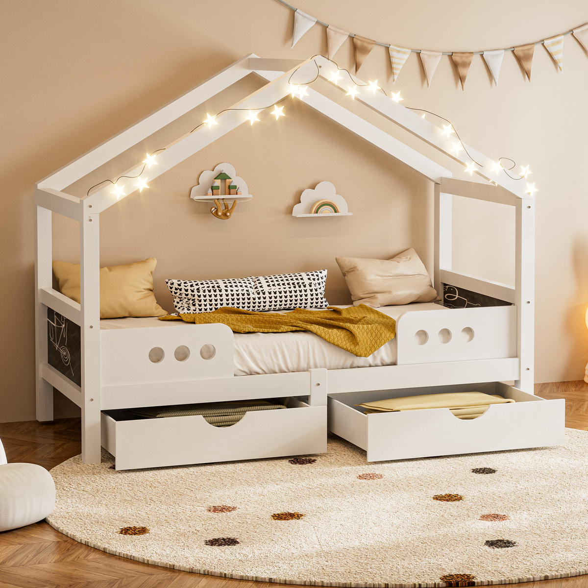 HAUSBETT mit Dachdesign 90/200 cm weiß mit 2 großen Schubladen - Weiß, Holz (90/200cm) - OKWISH