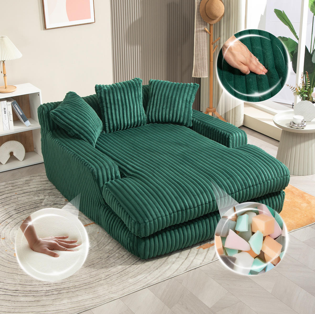 BIGSOFA Chaiselongue Cord mit 3 Kissen bodennah und ergonomisch 125/155/63 cm Smaragdgrün - Smaragdgrün, Textil (63/125/155cm) - Redom