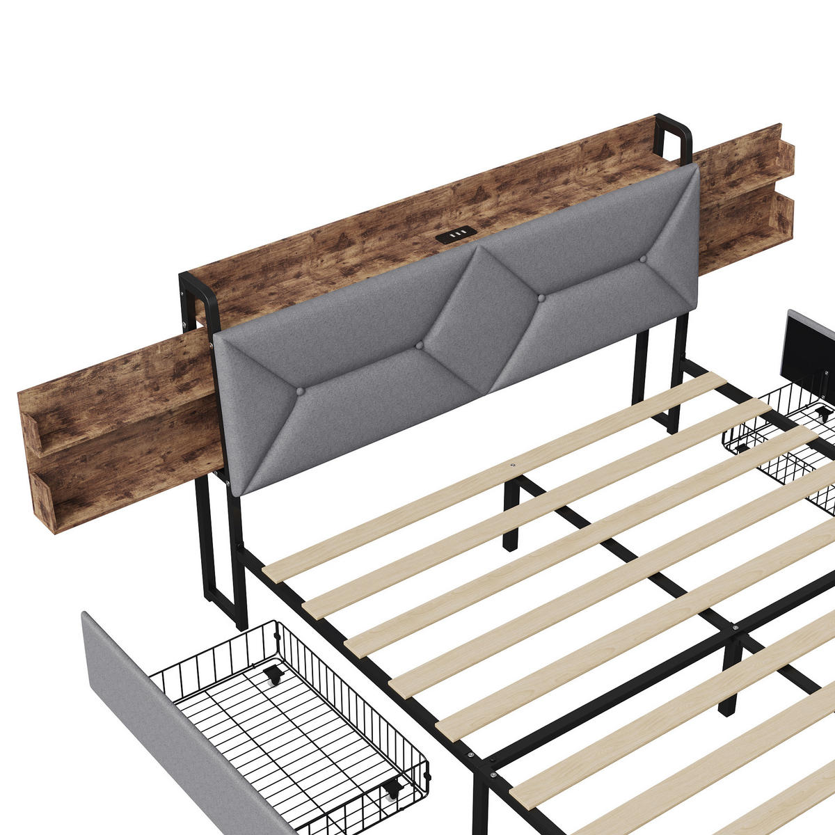 POLSTERBETT 160x200 mit Stauraum, 4 Schubladen und Steckdose, Lattenrost, Kopfteil mit verstecktem Stauraum, Grau - Grau, Holz/Textil (160/200cm) - GENKI LIVING