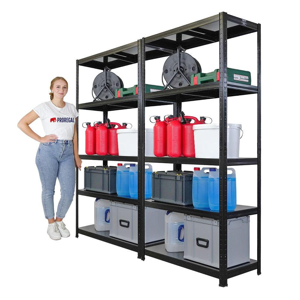 SCHWERLASTREGAL Ragnar 2er-Set 180x90x40cm 5 Stahlplatten-Ebenen Fachlast 125 kg Schwarz - Silberfarben, Metall (90/180/40cm) - PROREGAL