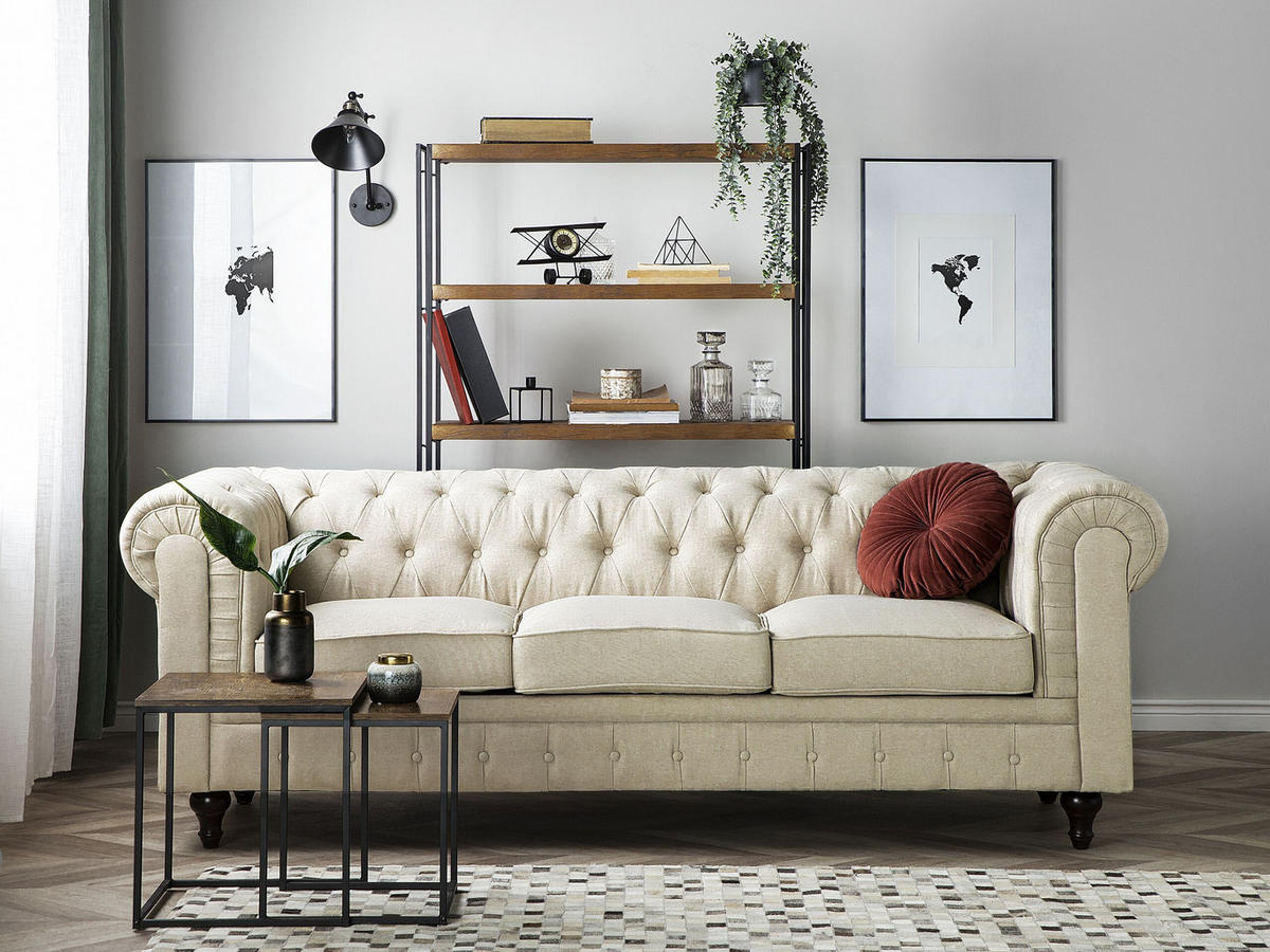 3-SITZER-SOFA Polsterbezug Beige Chesterfield - Beige, Textil (202/70/75cm) - Beliani