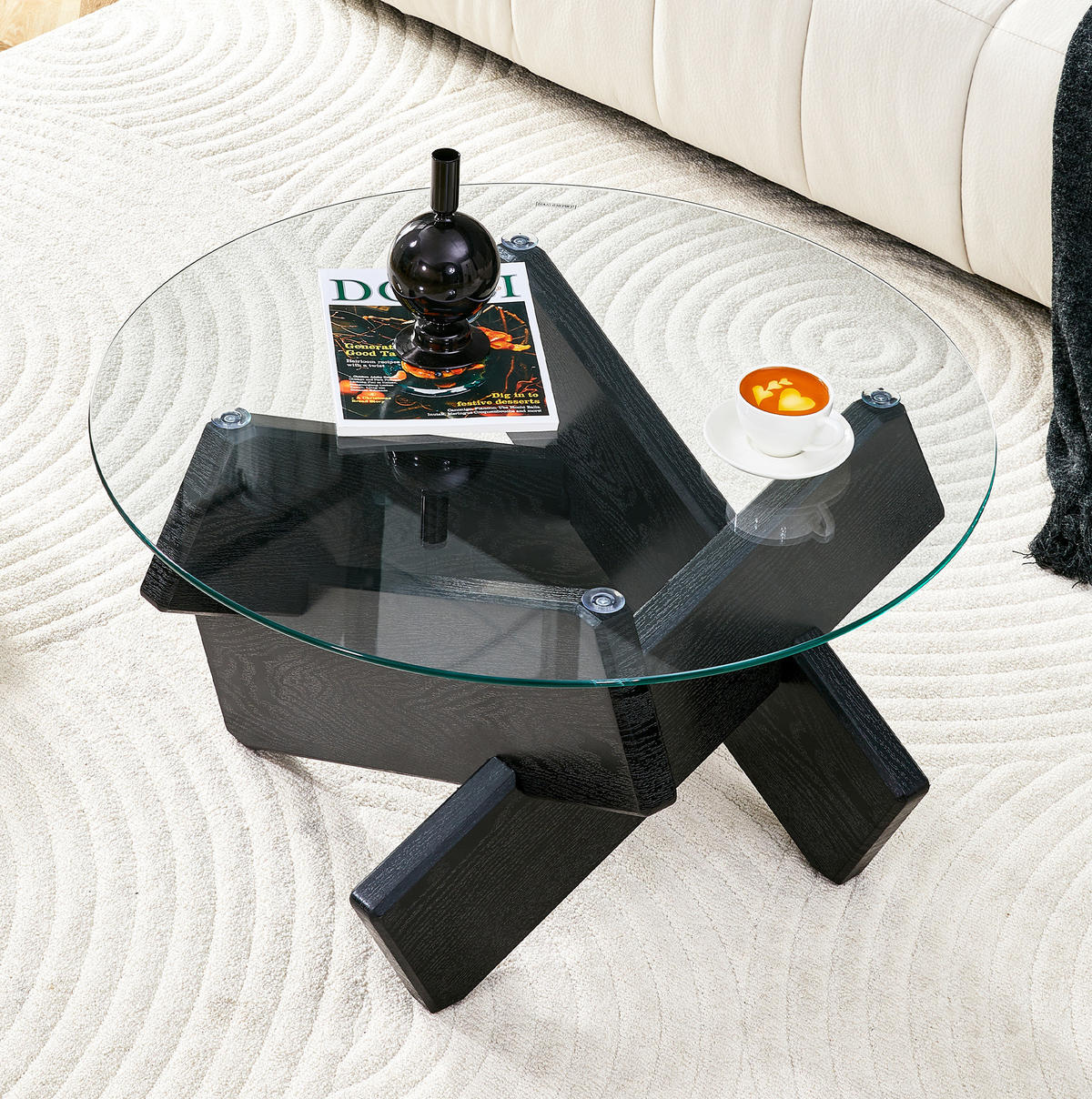 COUCHTISCH, MDF mit Holzmaserung & 0,8 cm gehärtetes Glas, kreuzförmige Stütze, 79/79/45 cm, schwarz/transparent - Schwarz, Holzwerkstoff (79/79/45cm) - Redom
