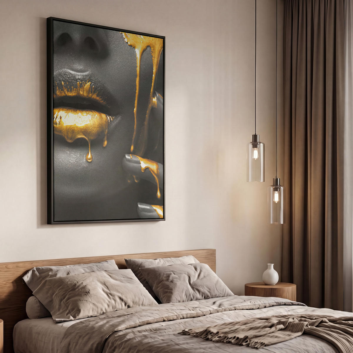 LEINWAND Bilder mit Rahmen - Frau - Schwarz - Gold - Gesicht - Lippen - 60x90 - Goldfarben, Textil (60/90cm) - MuchoWow
