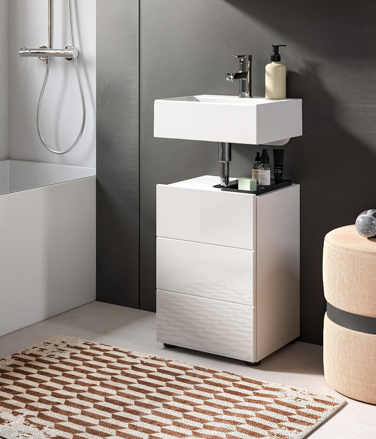 WASCHBECKENUNTERSCHRANK weiß Hochglanz 38 cm, Badezimmer Unterschrank 1-türig - Weiß Hochglanz/Schwarz, Holzwerkstoff/Kunststoff (38/56/34cm) - Inn.Furn